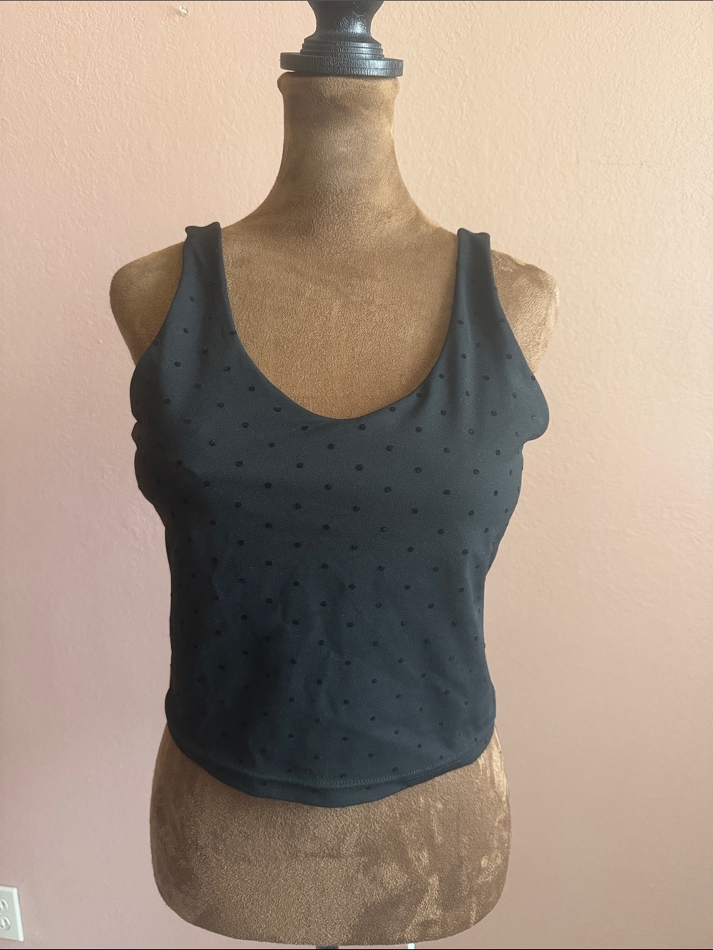 Women’s Black Polka Dot Scoop Neck Crop Tank Top. Build in Bra.
